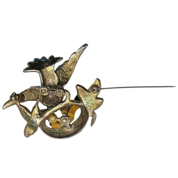 Vintage Fred Gray Blue Bird Brooch Nest Baby Birds Rhinestone Gold-Tone Pin USA - Picture 13 of 14